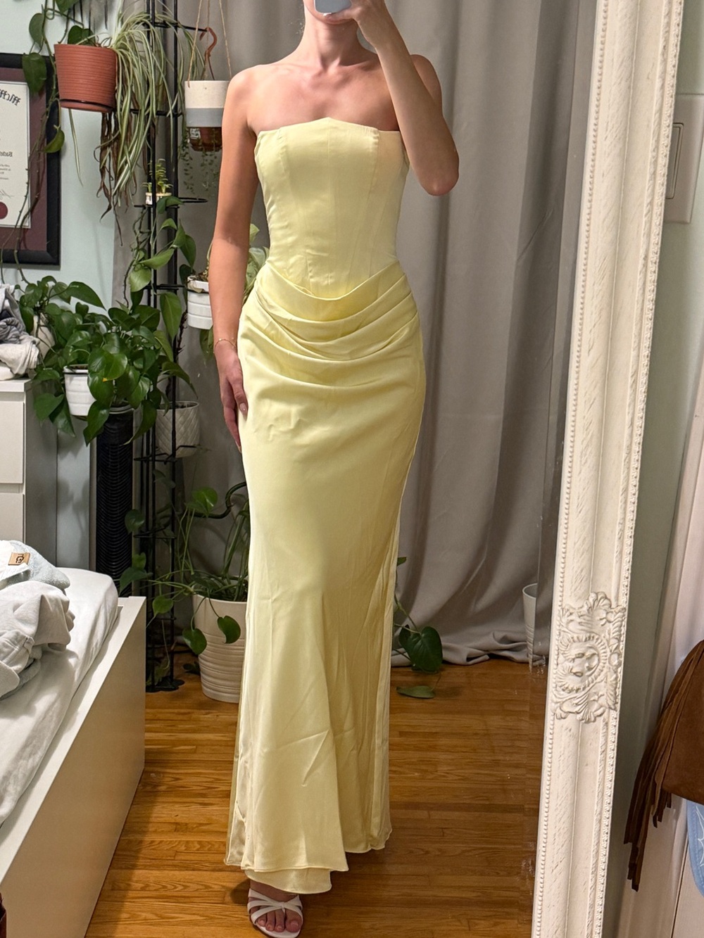 Strapless Yellow Satin Evening Gown